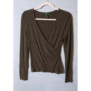 Lauren Ralph Lauren Top Women's PS Gray Ruched Long Sleeve Pullover Deep V-Neck